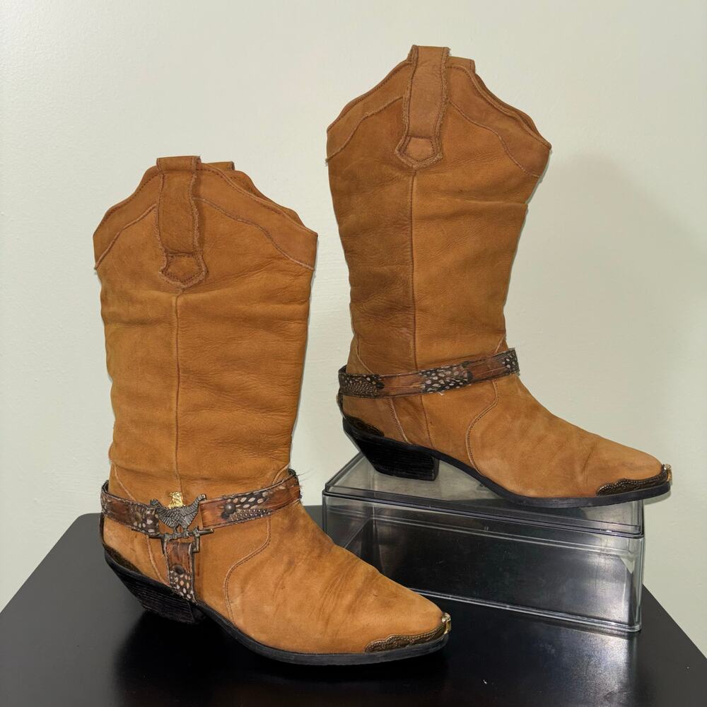 Vintage 70’s Maine Woods Tan Leather Slouchy Western Boots Size 7.5 Harness